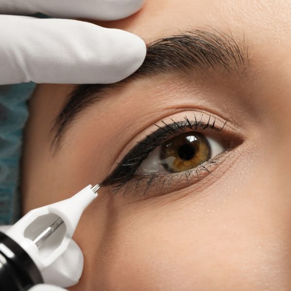 Woman receiving semi-permanent eyeliner tattoo with precision technique.