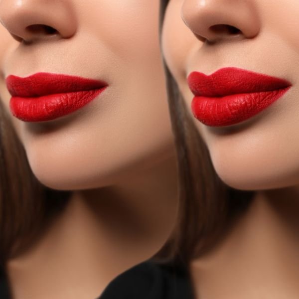 A vibrant red lip blush treatment showing before and after results of permanent lip makeup.