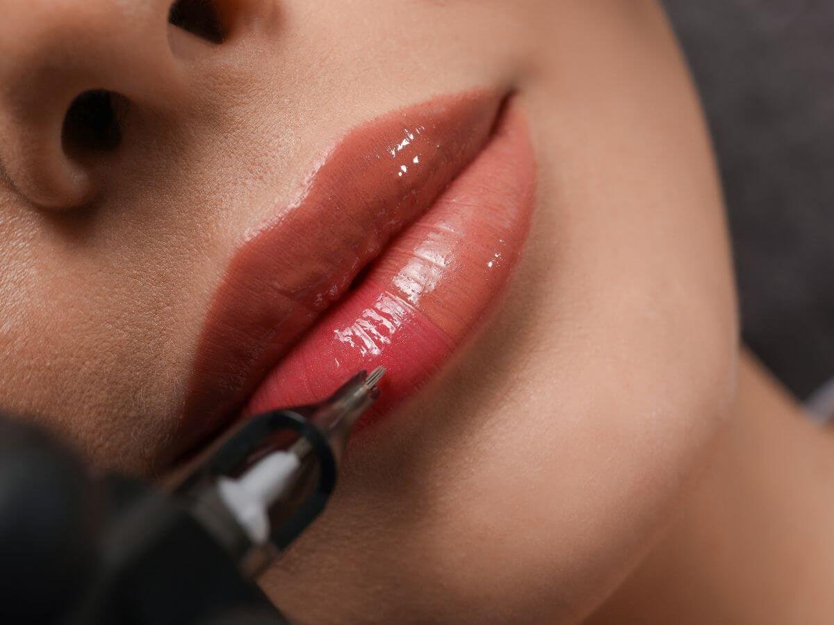 A lip tattoo session in progress for a blushing effect that enhances lip color and symmetry.