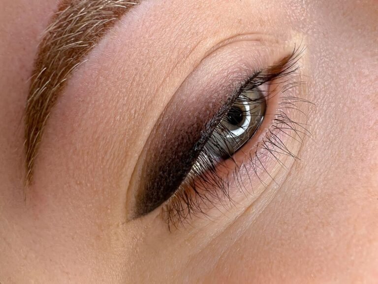 Close-up of a healed eyeliner tattoo enhancing the lash line with a soft, defined finish.